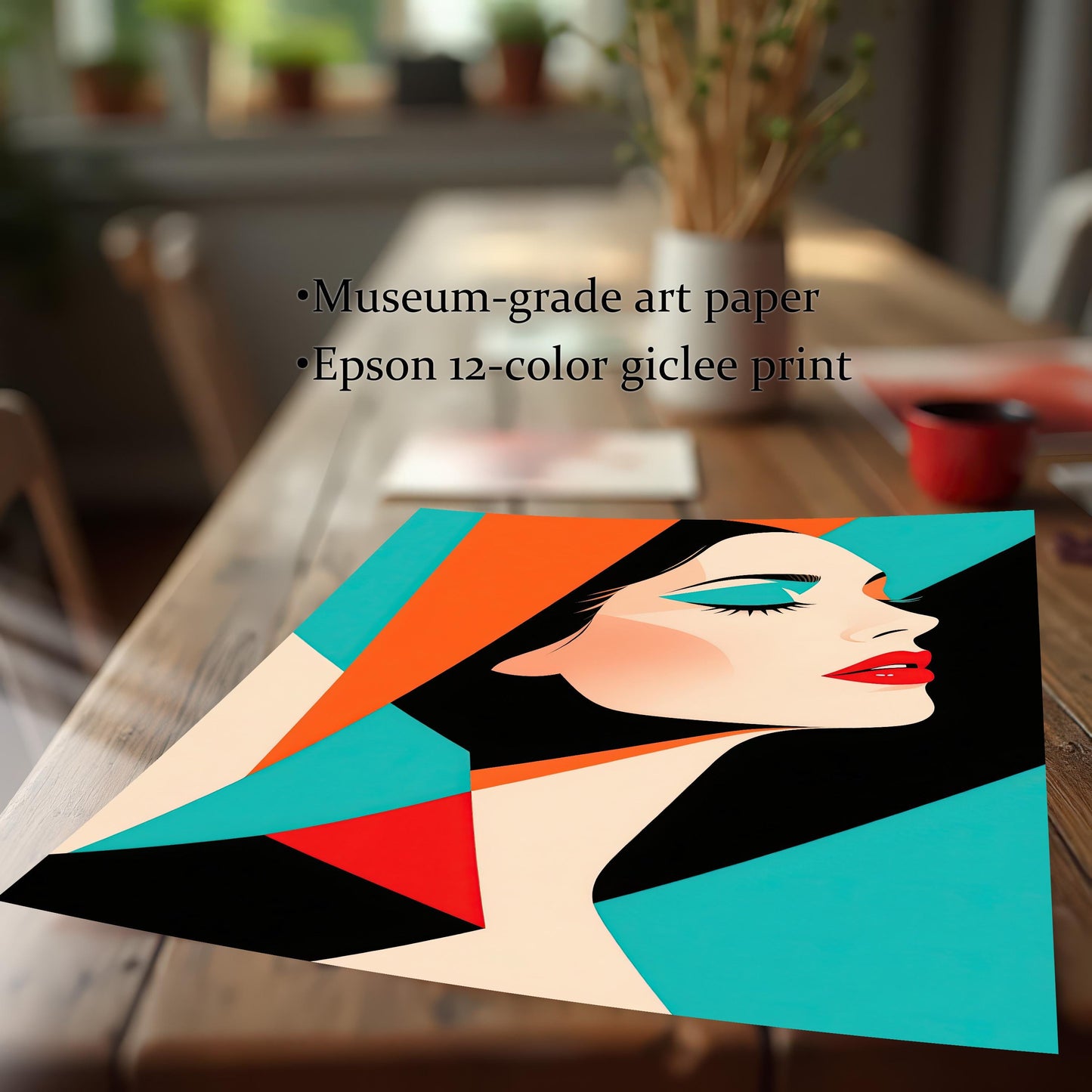 Close-up of an abstract portrait print of a woman lying on a wooden table. The text lists features: Museum-grade art paper and Epson 12-color giclee print.