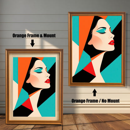 Two versions of an abstract portrait with a woman in an orange frame. The one on the left has a mat, and the one on the right has no mat.