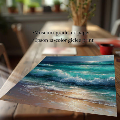 Close-up of a print showing turquoise ocean waves crashing on a sandy beach. It is lying on a wooden table. The text highlights "Museum-grade art paper" and "Epson 12-color giclee print."