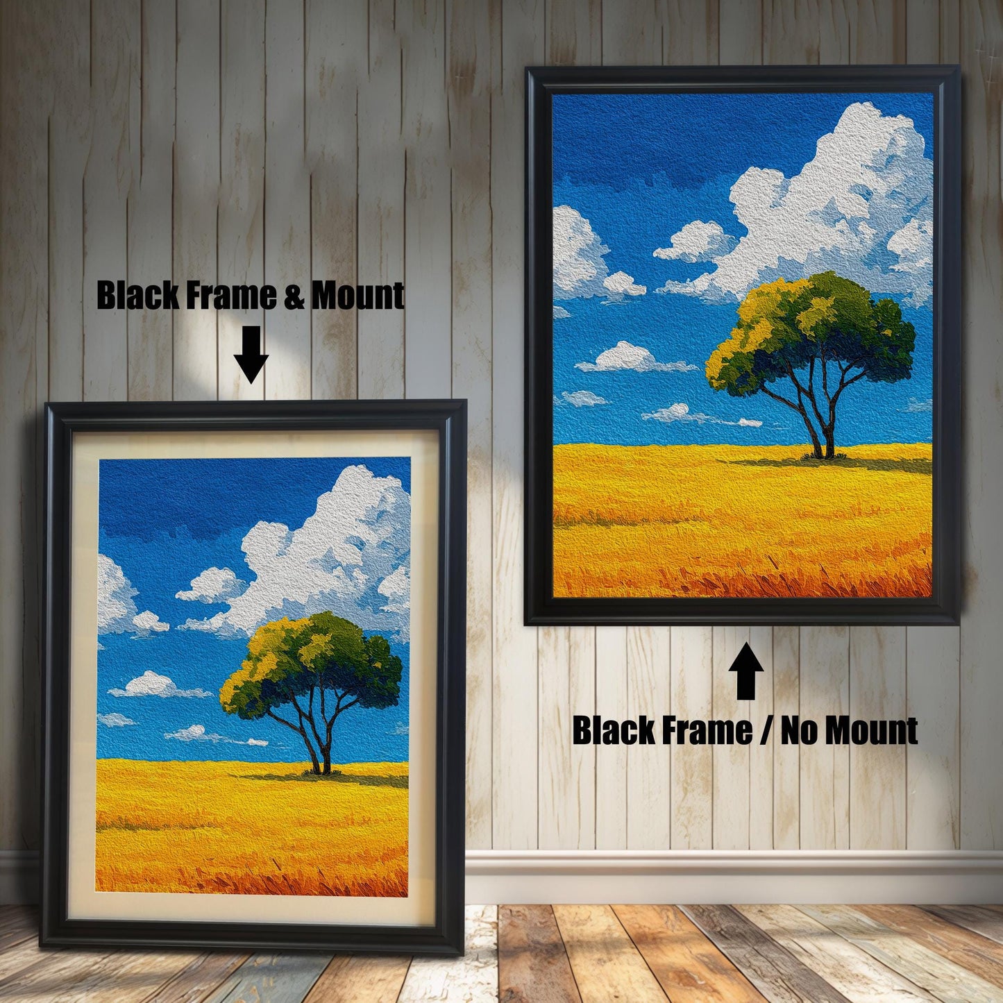 Two versions of a painting of a tree in a field in a black frame. The one on the left has a light-colored mat, and the one on the right has no mat.