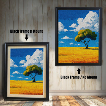 Two versions of a painting of a tree in a field in a black frame. The one on the left has a light-colored mat, and the one on the right has no mat.