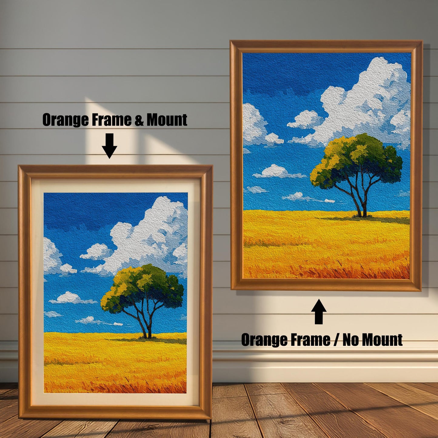 Two versions of a painting of a tree in a field in an orange-brown frame. The one on the left has a light-colored mat, and the one on the right has no mat.