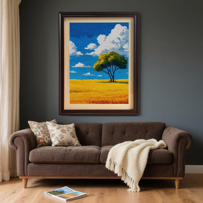 A painting of a tree in a field in a coffee brown frame is hanging on a dark gray wall above a brown couch.
