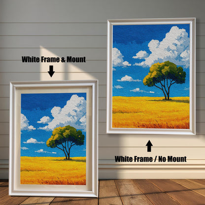 Two versions of a painting of a tree in a field in a white frame. The one on the left has a light-colored mat, and the one on the right has no mat.