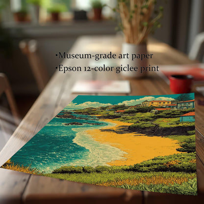 Close-up of a print of a village by a beach lying on a wooden table. The text highlights "Museum-grade art paper" and "Epson 12-color giclee print."