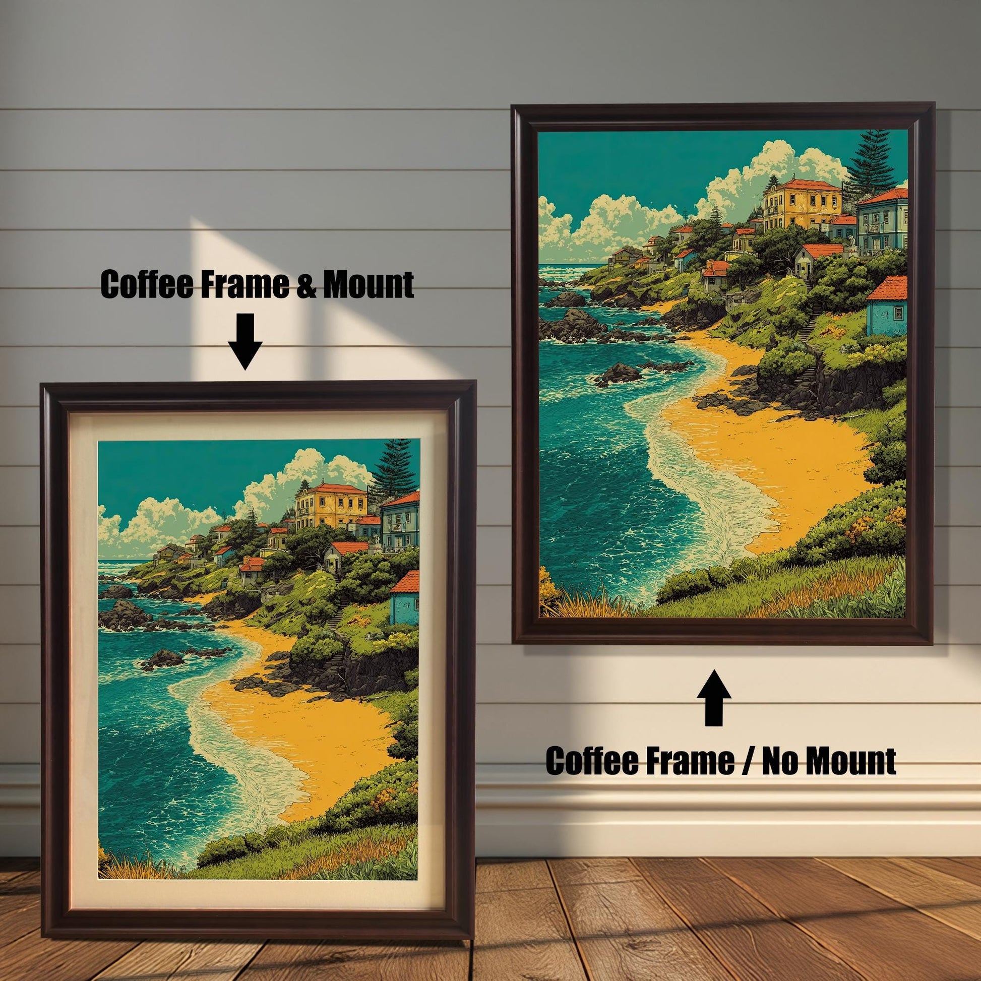 Two versions of a painting of a village by a beach in a coffee brown frame. The one on the left has a light-colored mat, and the one on the right has no mat.