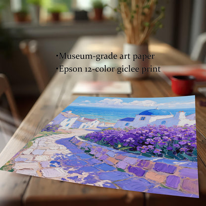 A vibrant art print of a Greek seaside village with a blue-domed church sits on a wooden table. Text highlights the use of "Museum-grade art paper" and "Epson 12-color giclee print."
