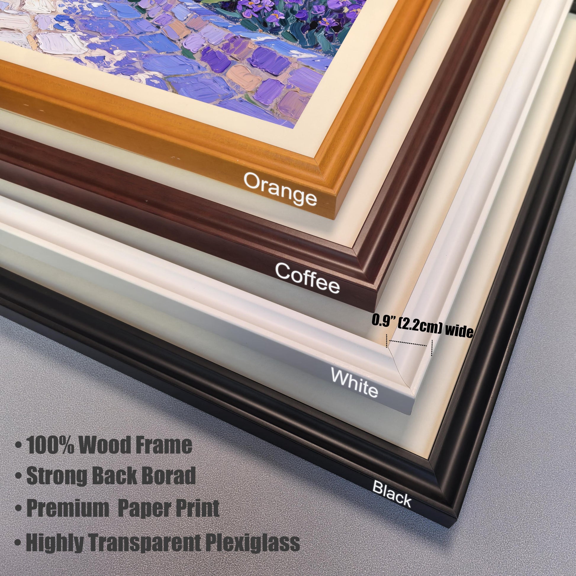 A close-up shows the corners of four wood frames in orange, coffee, white, and black, with a ruler showing the 0.9" (2.2cm) width. Text lists features like "100% Wood Frame" and "Highly Transparent Plexiglass."