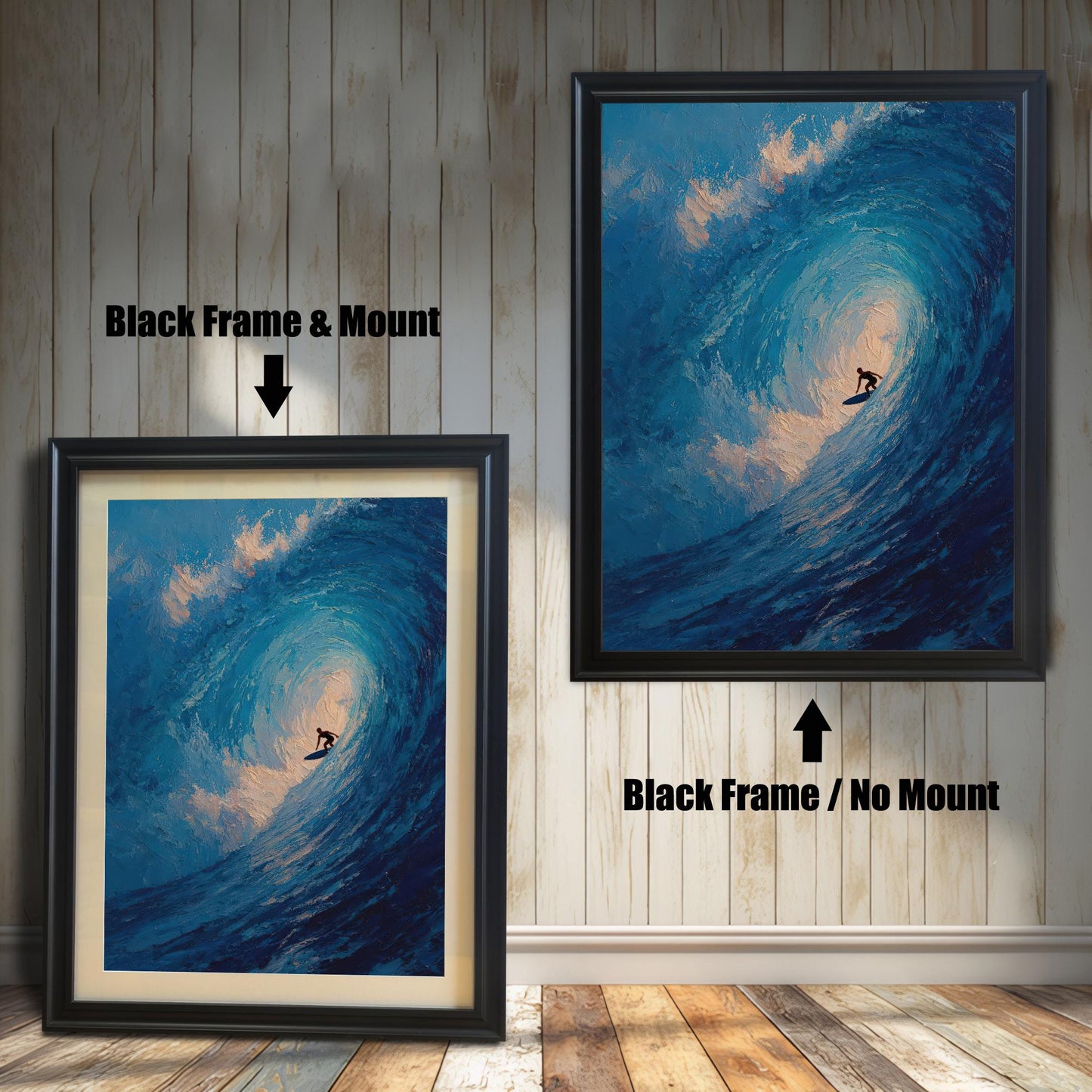 A side-by-side comparison of a framed surfing print with a mount and without a mount. Both prints are in a black frame. Text labels the images "Black Frame & Mount" and "Black Frame / No Mount."