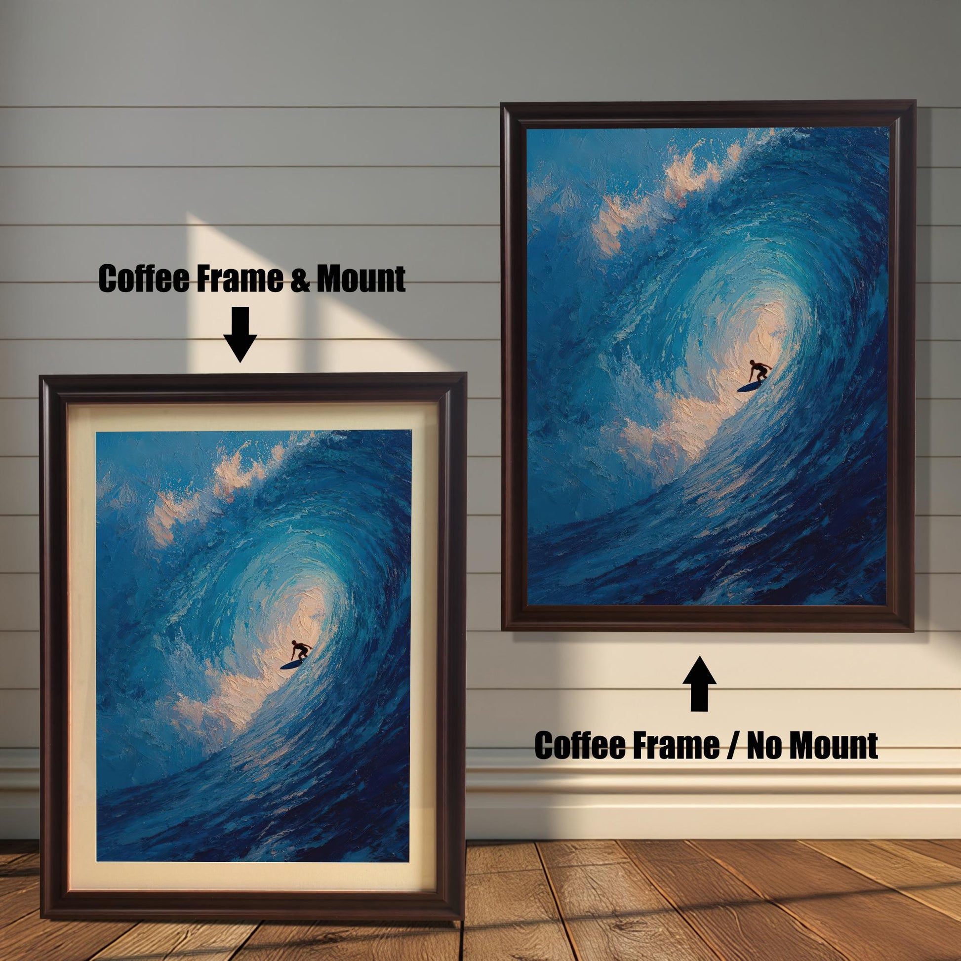 A side-by-side comparison of a framed surfing print with a mount and without a mount. Both prints are in a dark brown wood-style frame. Text labels the images "Coffee Frame & Mount" and "Coffee Frame / No Mount."