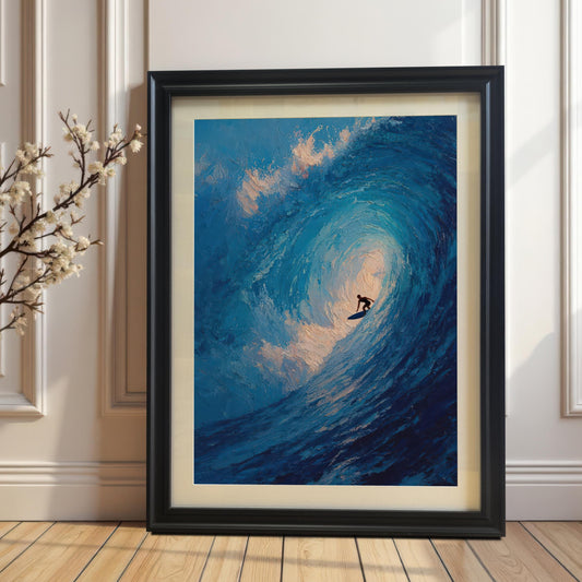 A framed painting of a surfer on a large, textured blue wave. The frame is black with a white inner border, and the painting is propped on a wooden floor against a white wall with ornate molding.