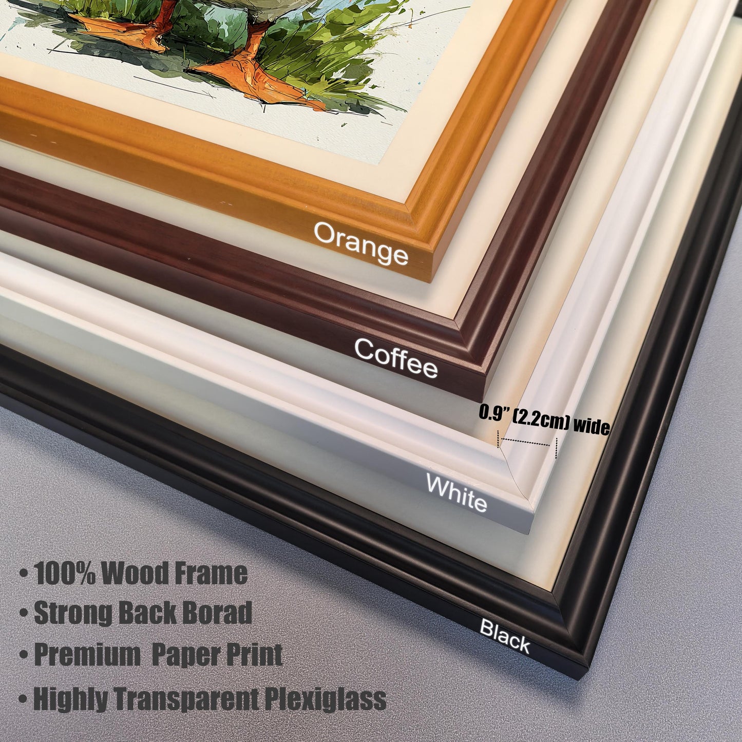 Close-up of four wood frame corners in orange, coffee, white, and black, illustrating a 0.9" (2.2cm) width. Text lists features: 100% Wood Frame, Premium Paper Print, and Highly Transparent Plexiglass.