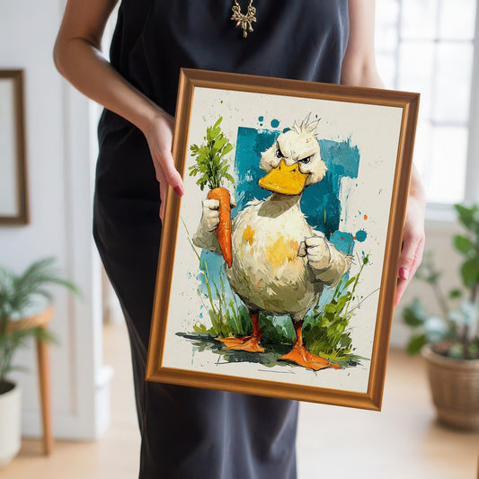 A person in a black dress holds the framed art print of the angry duck with a carrot in an orange/gold frame at chest level in an indoor setting.