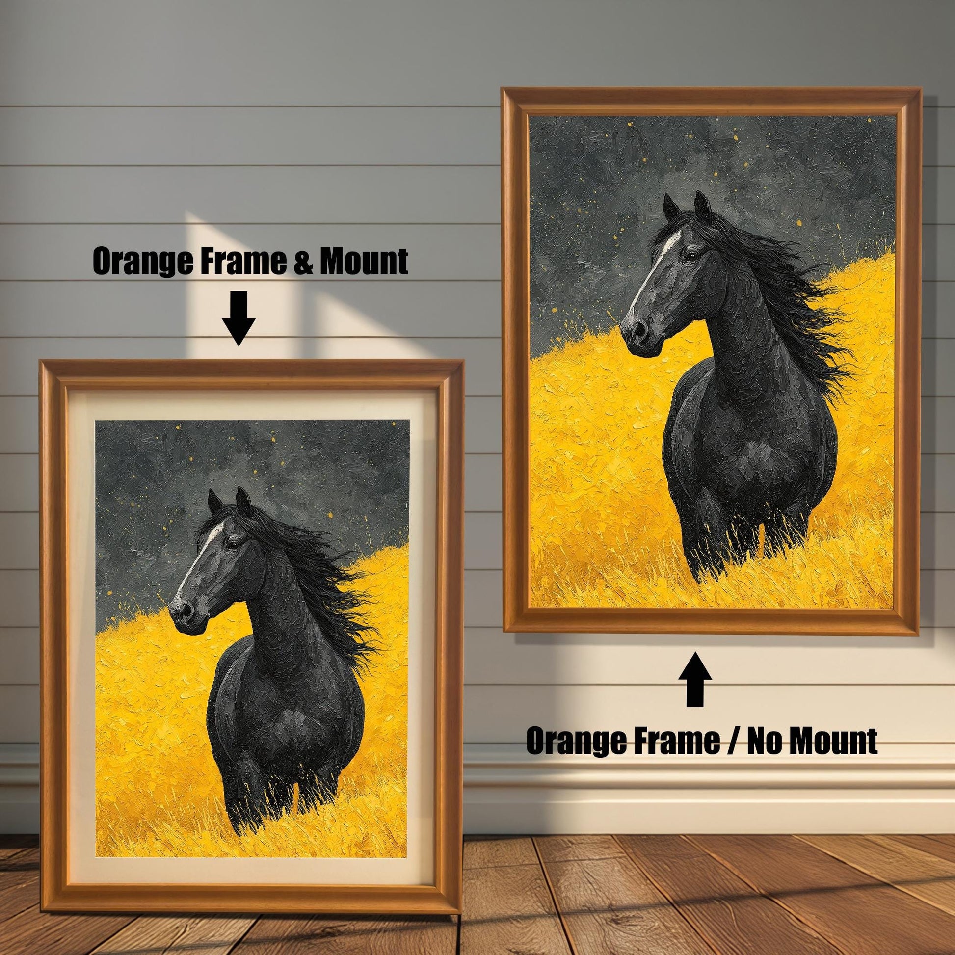 Two versions of the horse art: an **Orange Frame & Mount** (with border/mat) on the left, and an **Orange Frame / No Mount** on the right, shown against a paneled wall.