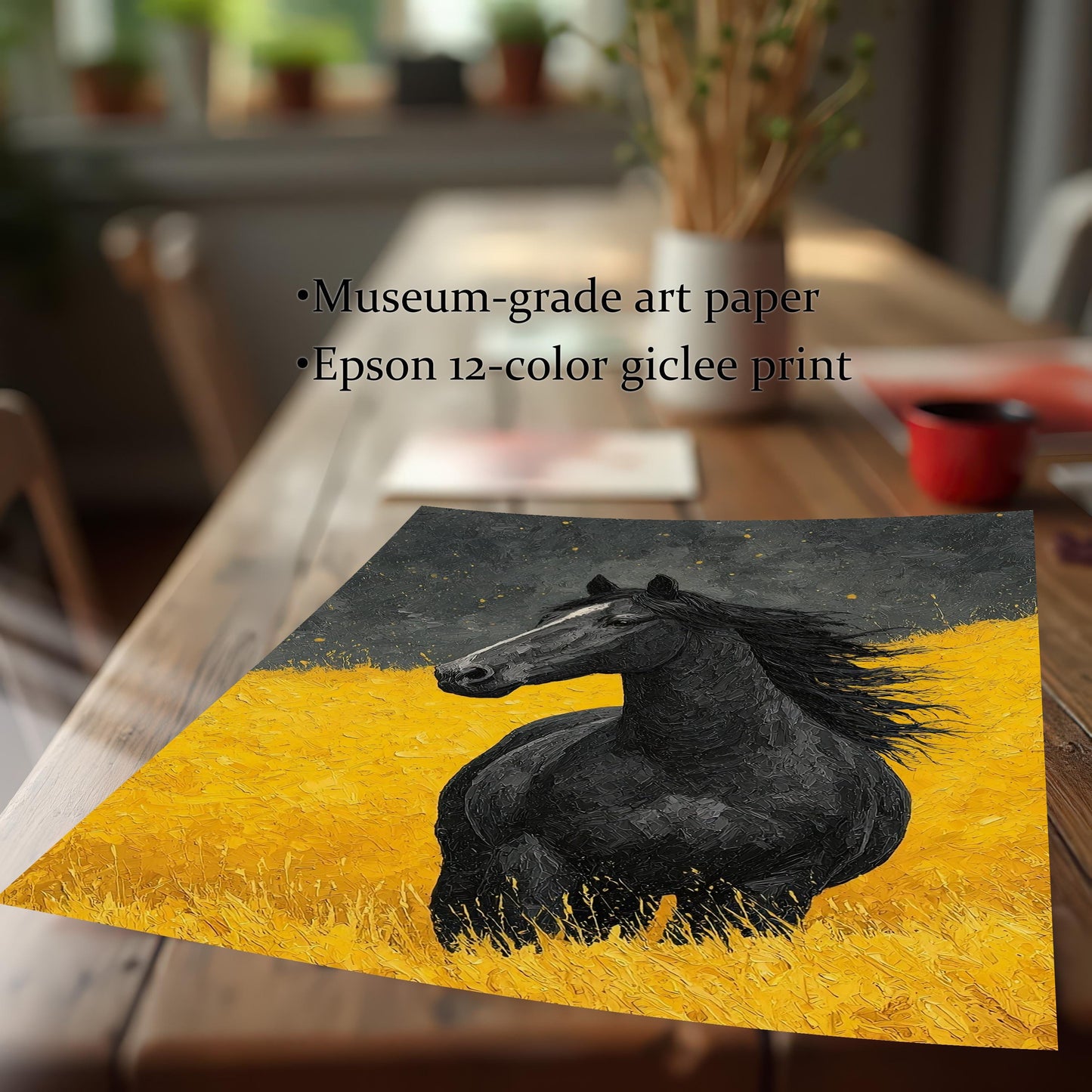 Close-up of an unframed print of a black horse in a yellow field, displayed on a wooden table. Text highlights **Museum-grade art paper** and **Epson 12-color giclee print**.