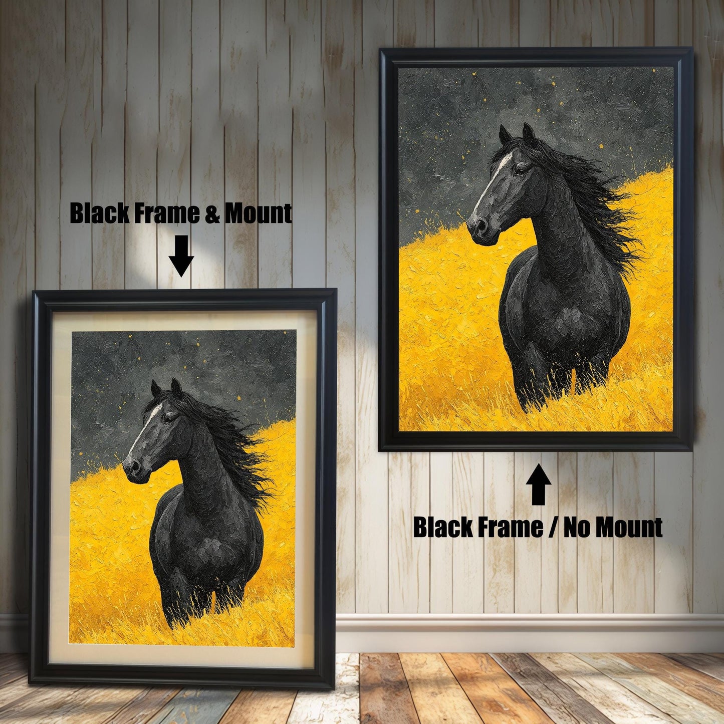 Two versions of the horse art: a **Black Frame & Mount** (with border/mat) on the left, and a **Black Frame / No Mount** on the right, shown against a paneled wall.