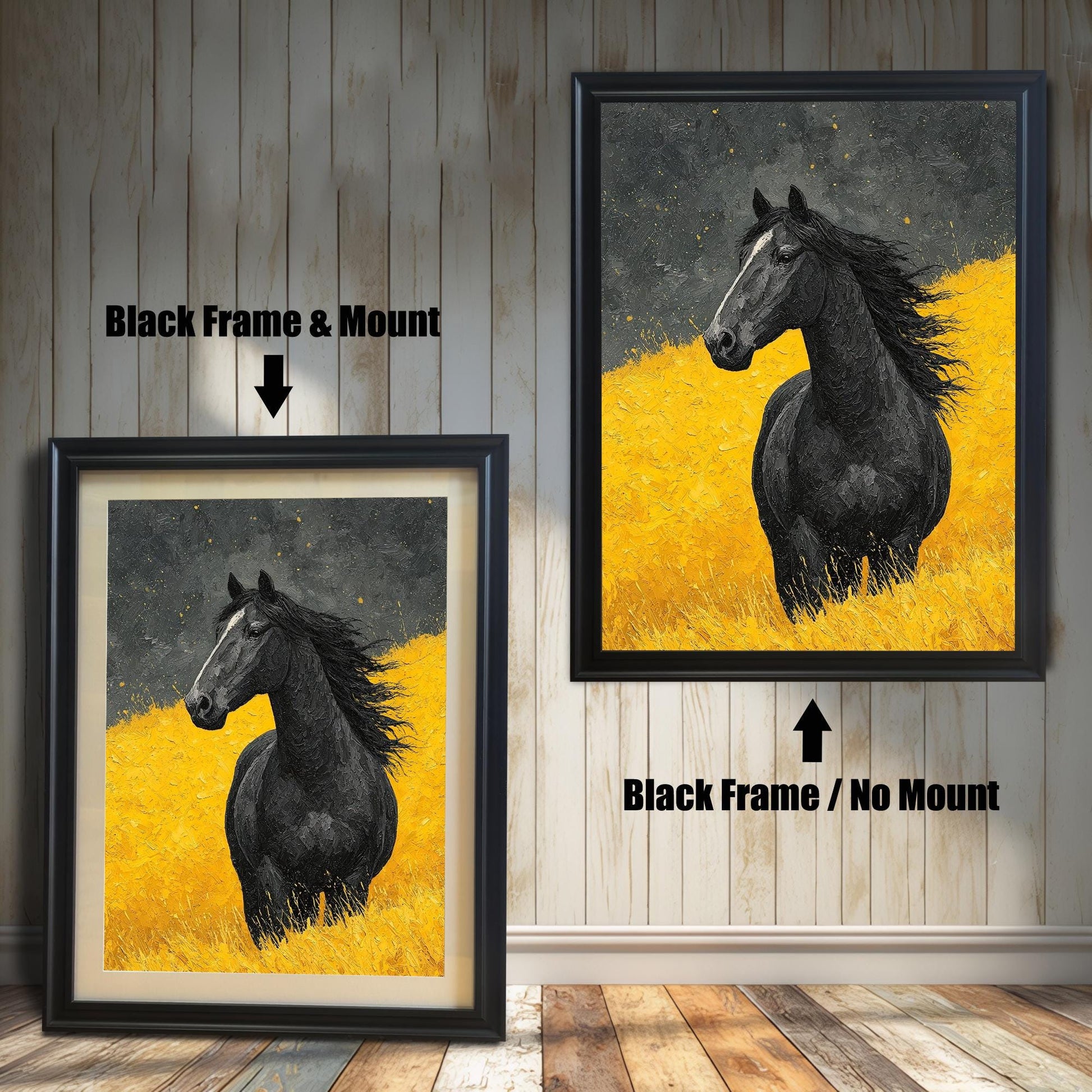 Two versions of the horse art: a **Black Frame & Mount** (with border/mat) on the left, and a **Black Frame / No Mount** on the right, shown against a paneled wall.