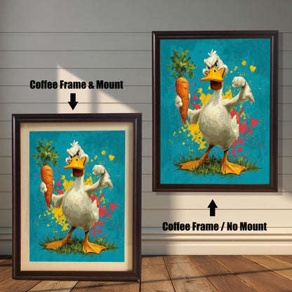 Two versions of the duck art: a **Coffee Frame & Mount** (with a border/mat) on the left, and a **Coffee Frame / No Mount** on the right, against a paneled wall.