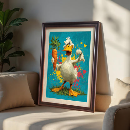 A dark brown-framed painting of a muscular duck holding a carrot, leaning on a beige couch with pillows next to a potted plant.