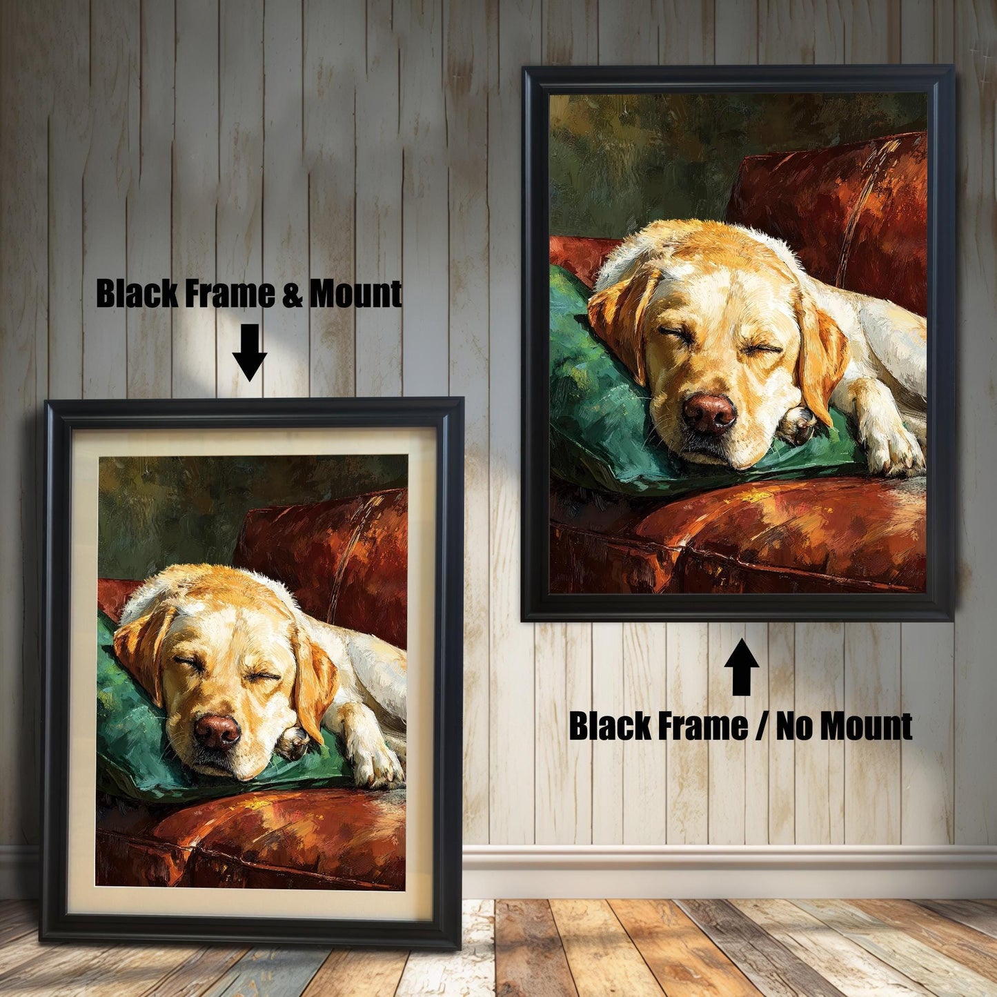 Two versions of the dog art: a **Black Frame & Mount** (with a border/mat) on the left, and a **Black Frame / No Mount** on the right, against a paneled wall.