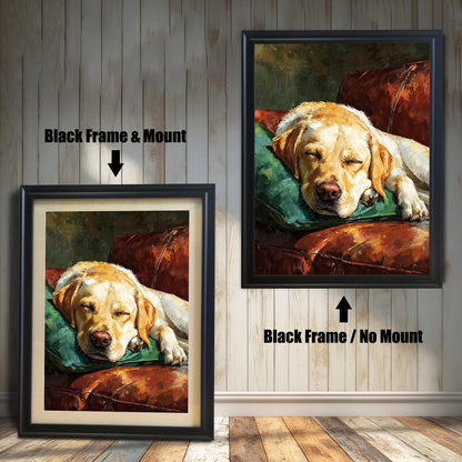 Two versions of the dog art: a **Black Frame & Mount** (with a border/mat) on the left, and a **Black Frame / No Mount** on the right, against a paneled wall.