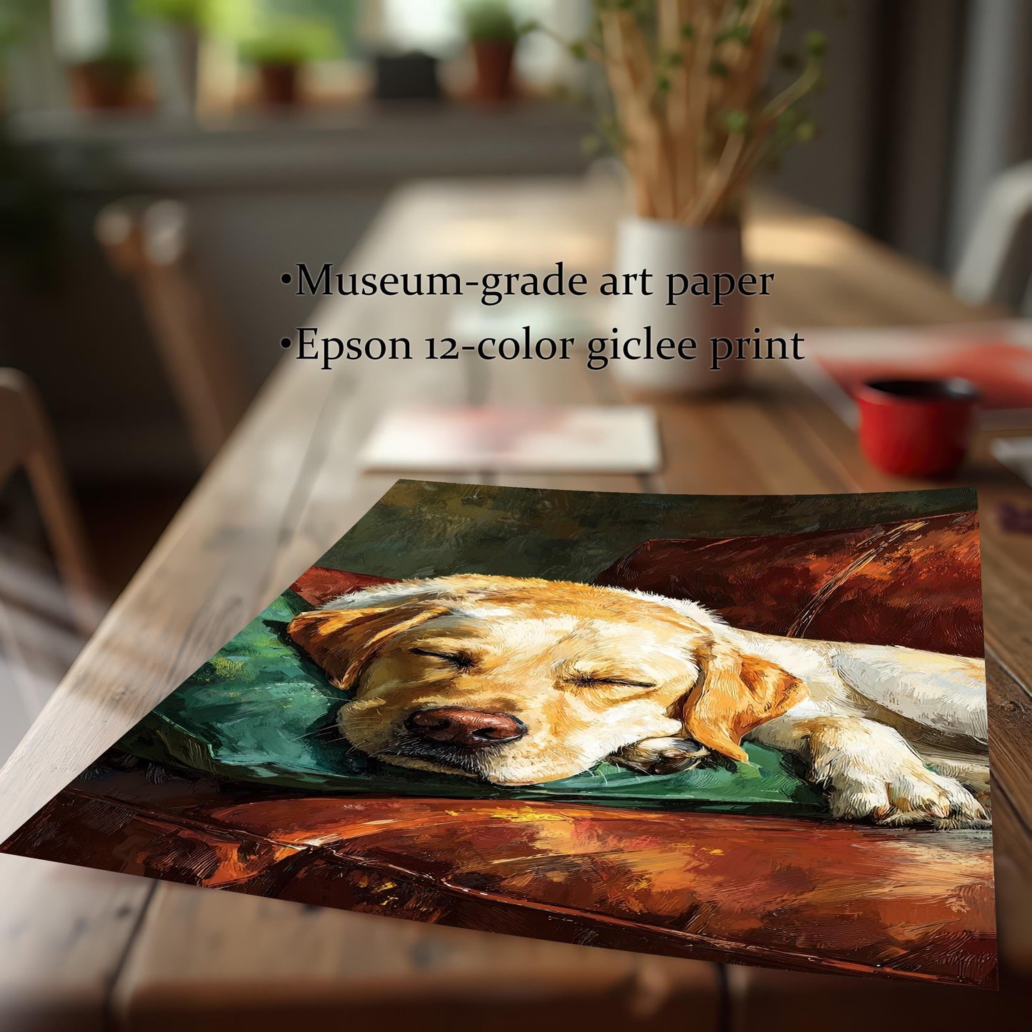 Close-up of an unframed art print of a sleeping Labrador on a couch. Text highlights **Museum-grade art paper** and **Epson 12-color giclee print**.