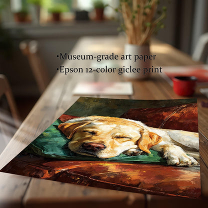 Close-up of an unframed art print of a sleeping Labrador on a couch. Text highlights **Museum-grade art paper** and **Epson 12-color giclee print**.