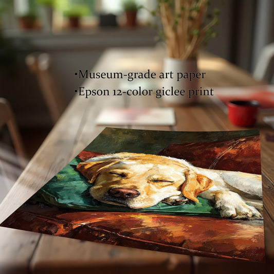 Close-up of an unframed art print of a sleeping Labrador on a couch. Text highlights **Museum-grade art paper** and **Epson 12-color giclee print**.