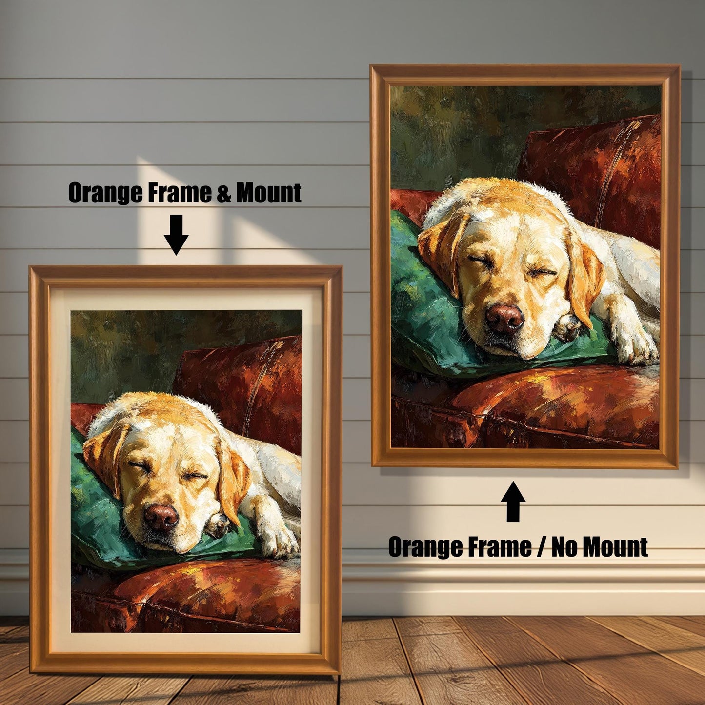 Two versions of the dog art: an **Orange Frame & Mount** (with a border/mat) on the left, and an **Orange Frame / No Mount** on the right, against a paneled wall.