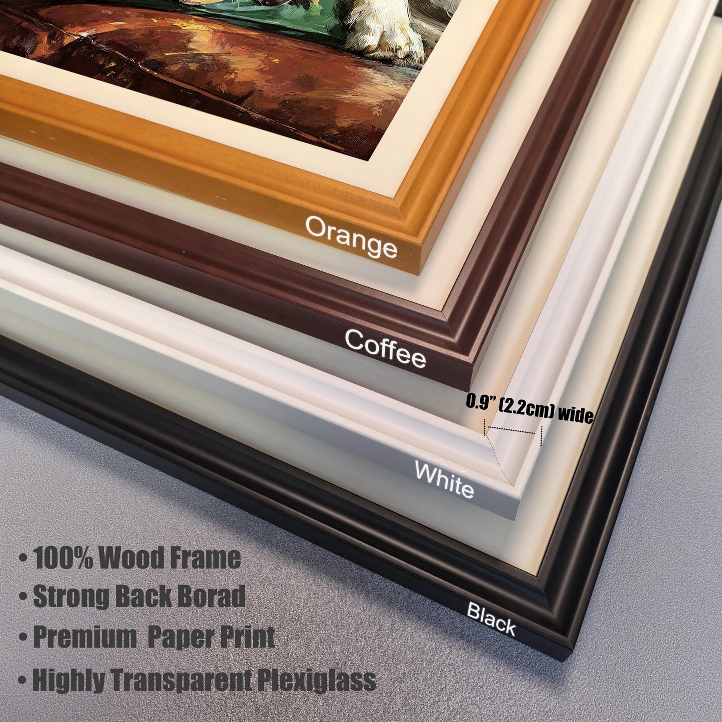 Close-up of four frame corner samples: Orange, Coffee, White, and Black. Text indicates a **0.9" wide** frame, **100% Wood Frame**, **Premium Paper Print**, and **Highly Transparent Plexiglass**.
