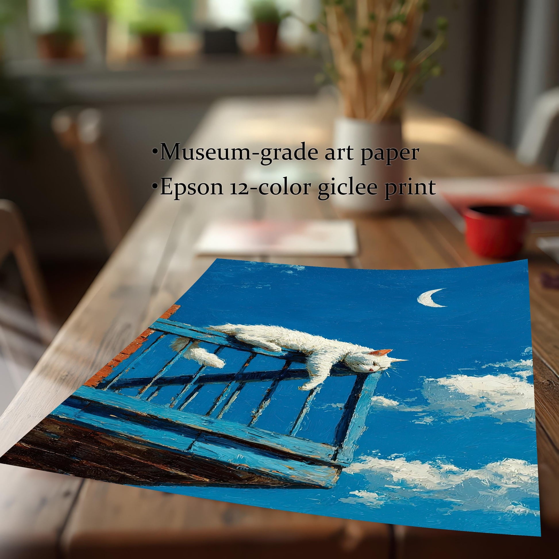 Close-up of an unframed art print of a white cat sleeping on a balcony railing against a blue sky. Text highlights **Museum-grade art paper** and **Epson 12-color giclee print**.
