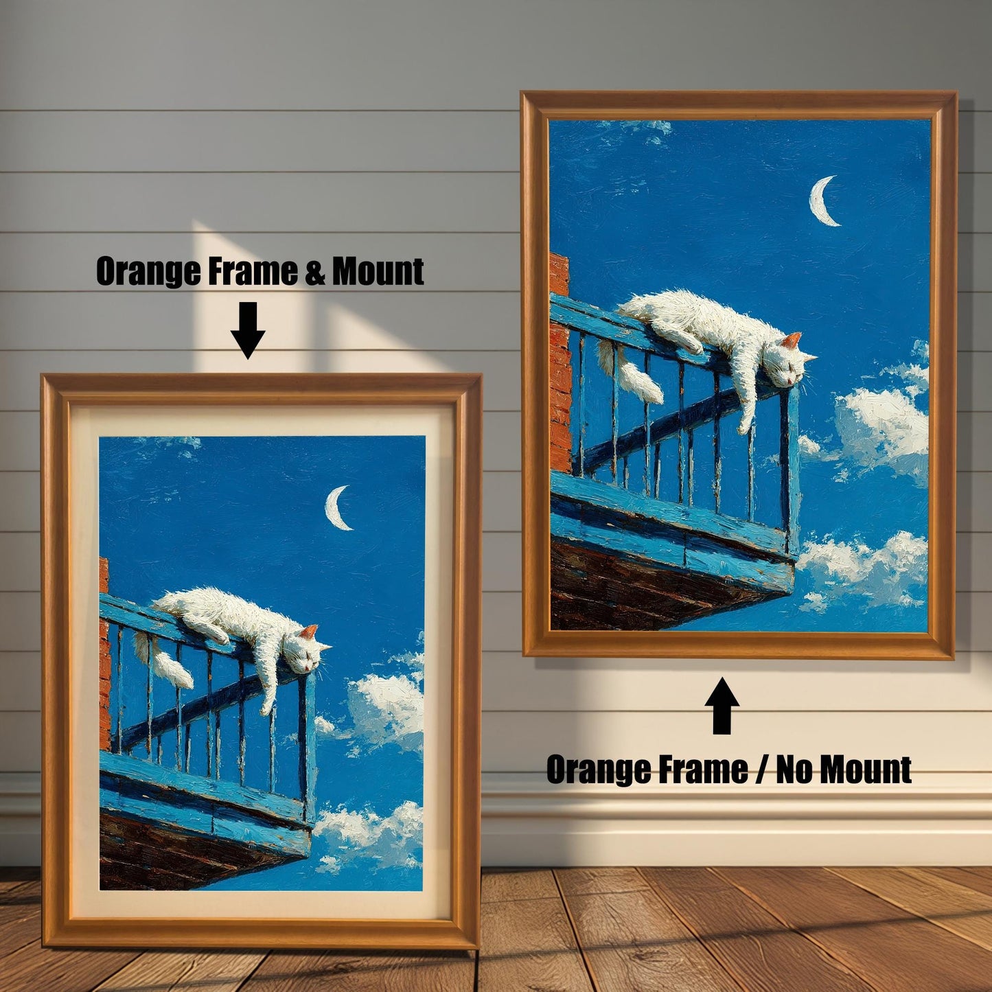 Two versions of the cat art: an **Orange Frame & Mount** (with a border/mat) on the left, and an **Orange Frame / No Mount** on the right, against a paneled wall.