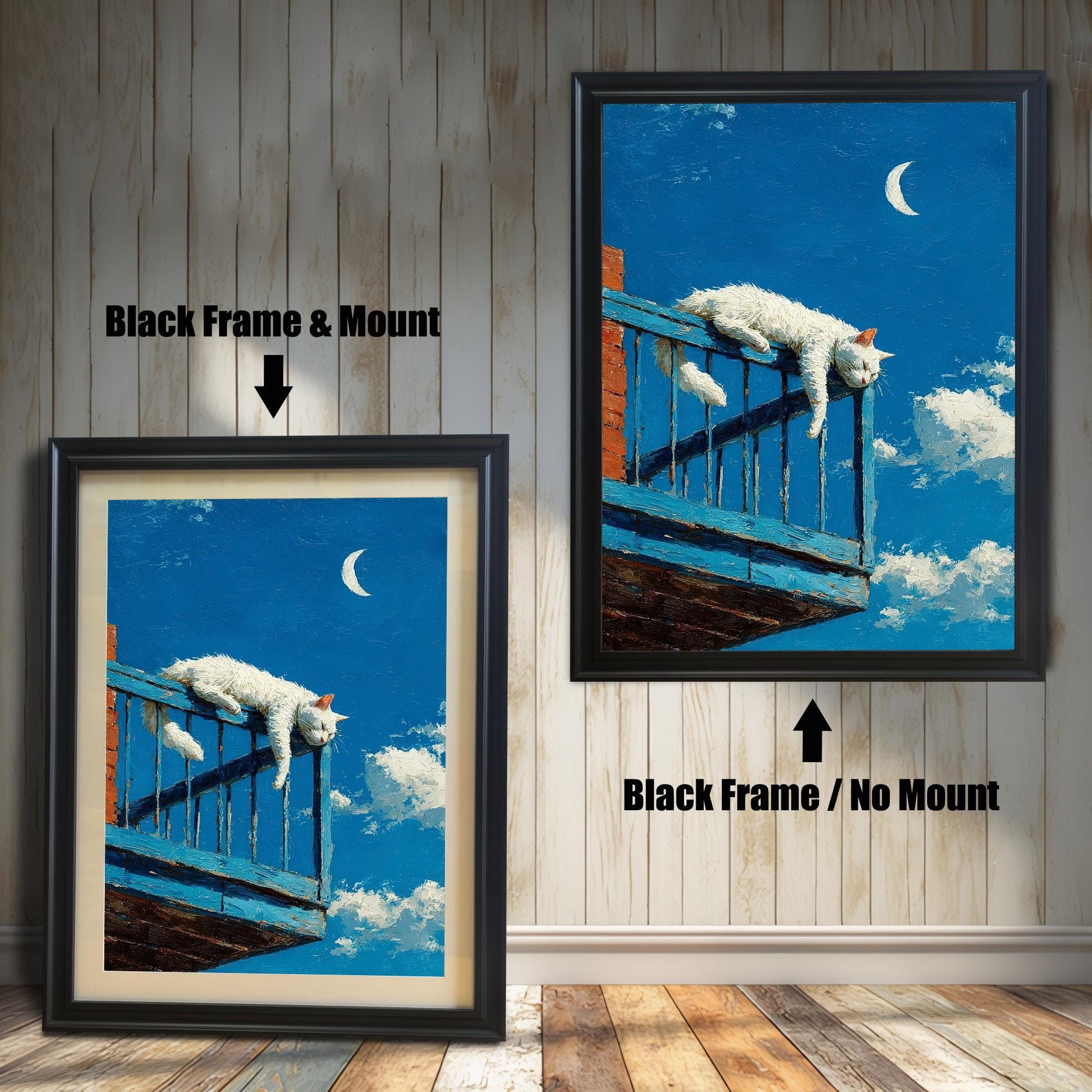 Two versions of the cat art: a **Black Frame & Mount** (with a border/mat) on the left, and a **Black Frame / No Mount** on the right, against a paneled wall.