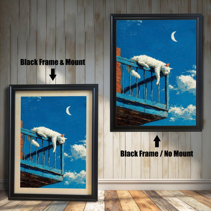 Two versions of the cat art: a **Black Frame & Mount** (with a border/mat) on the left, and a **Black Frame / No Mount** on the right, against a paneled wall.