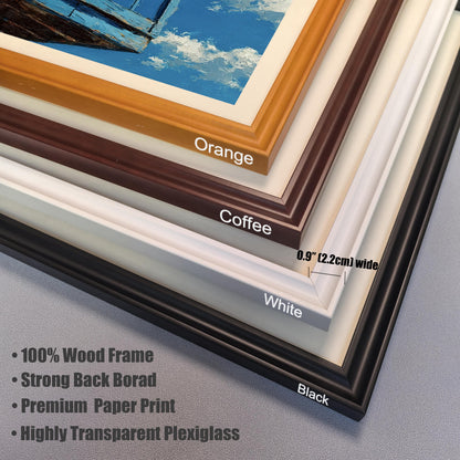 Close-up of four frame corner samples: Orange, Coffee, White, and Black. Text indicates a **0.9" wide** frame, **100% Wood Frame**, **Premium Paper Print**, and **Highly Transparent Plexiglass**.