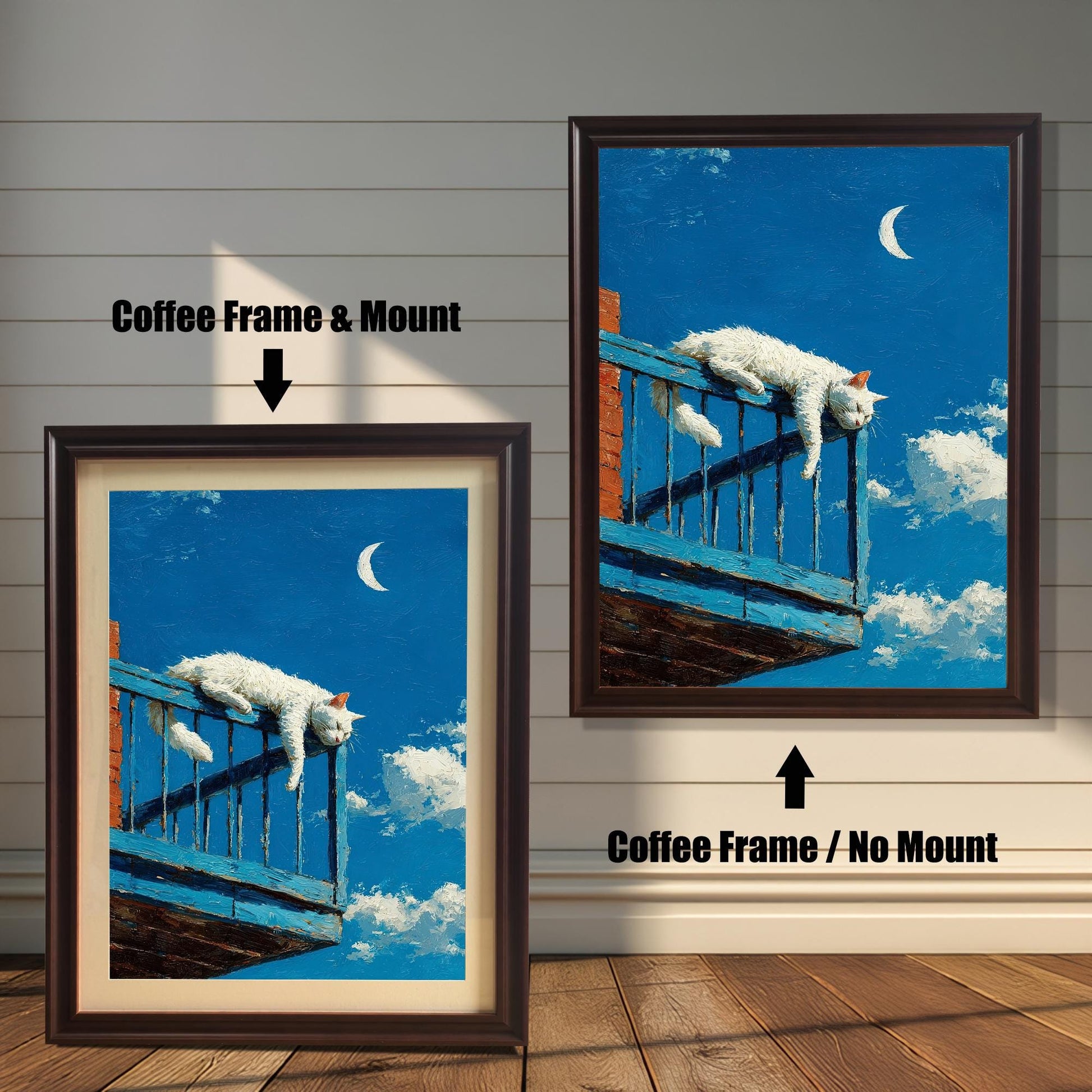 Two versions of the cat art: a **Coffee Frame & Mount** (with a border/mat) on the left, and a **Coffee Frame / No Mount** on the right, against a paneled wall.
