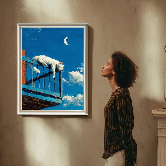 A woman in a striped shirt stands looking up at a white-framed painting of a white cat sleeping on a blue balcony railing, which hangs on a textured wall.