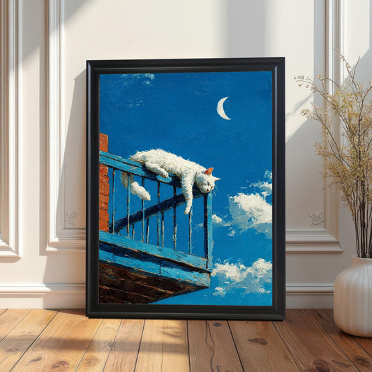 A black-framed painting of a white cat sleeping on a blue balcony railing, leaning on a white paneled wall next to a vase with dried flowers.