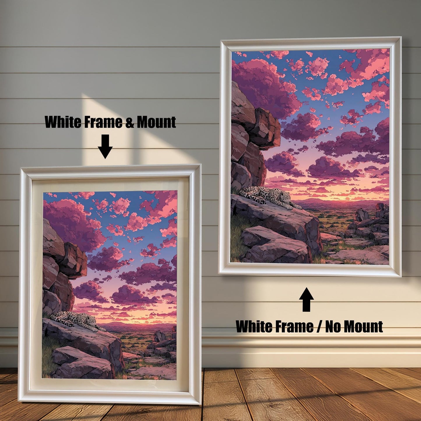 Two options for the framed art: a **White Frame & Mount** (with a beige border) and a **White Frame / No Mount** (without a border).