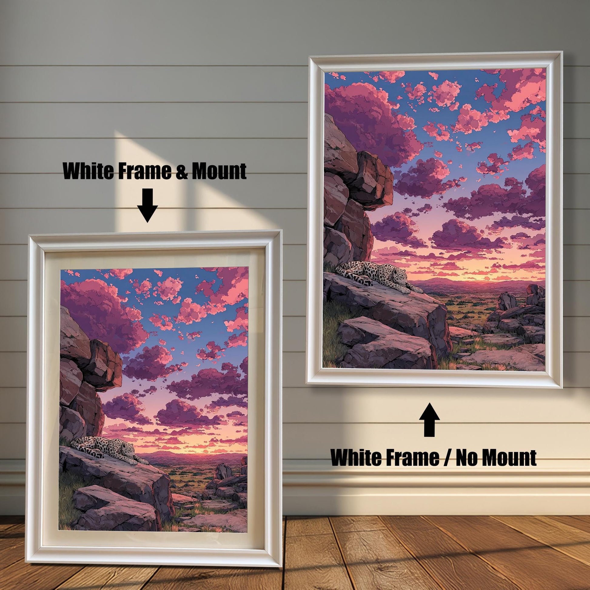 Two options for the framed art: a **White Frame & Mount** (with a beige border) and a **White Frame / No Mount** (without a border).