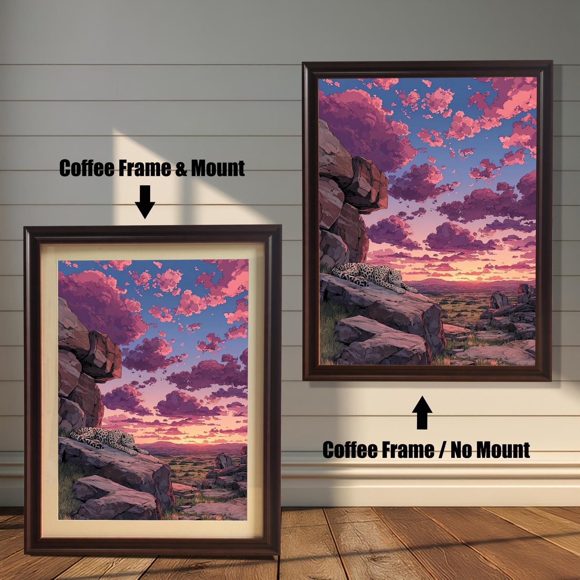 Two options for the framed art: a **Coffee Frame & Mount** (with a beige border) and a **Coffee Frame / No Mount** (without a border).