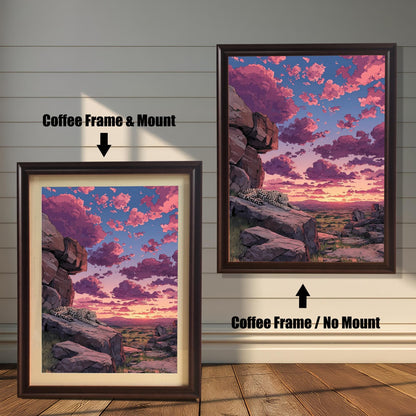Two options for the framed art: a **Coffee Frame & Mount** (with a beige border) and a **Coffee Frame / No Mount** (without a border).