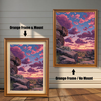 Two options for the framed art: an **Orange Frame & Mount** (with a beige border) and an **Orange Frame / No Mount** (without a border).