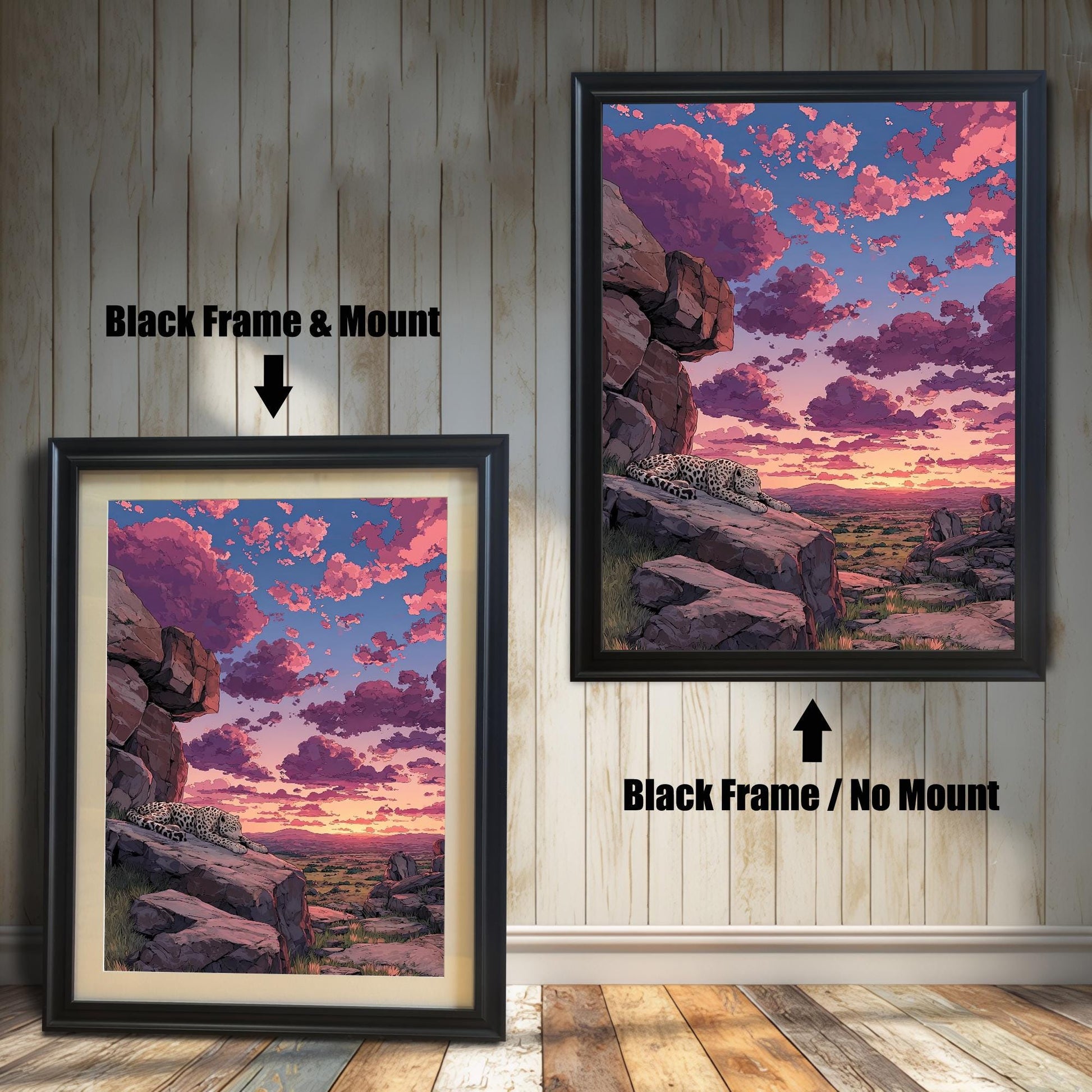 Two options for the framed art: a **Black Frame & Mount** (with a beige border) and a **Black Frame / No Mount** (without a border).