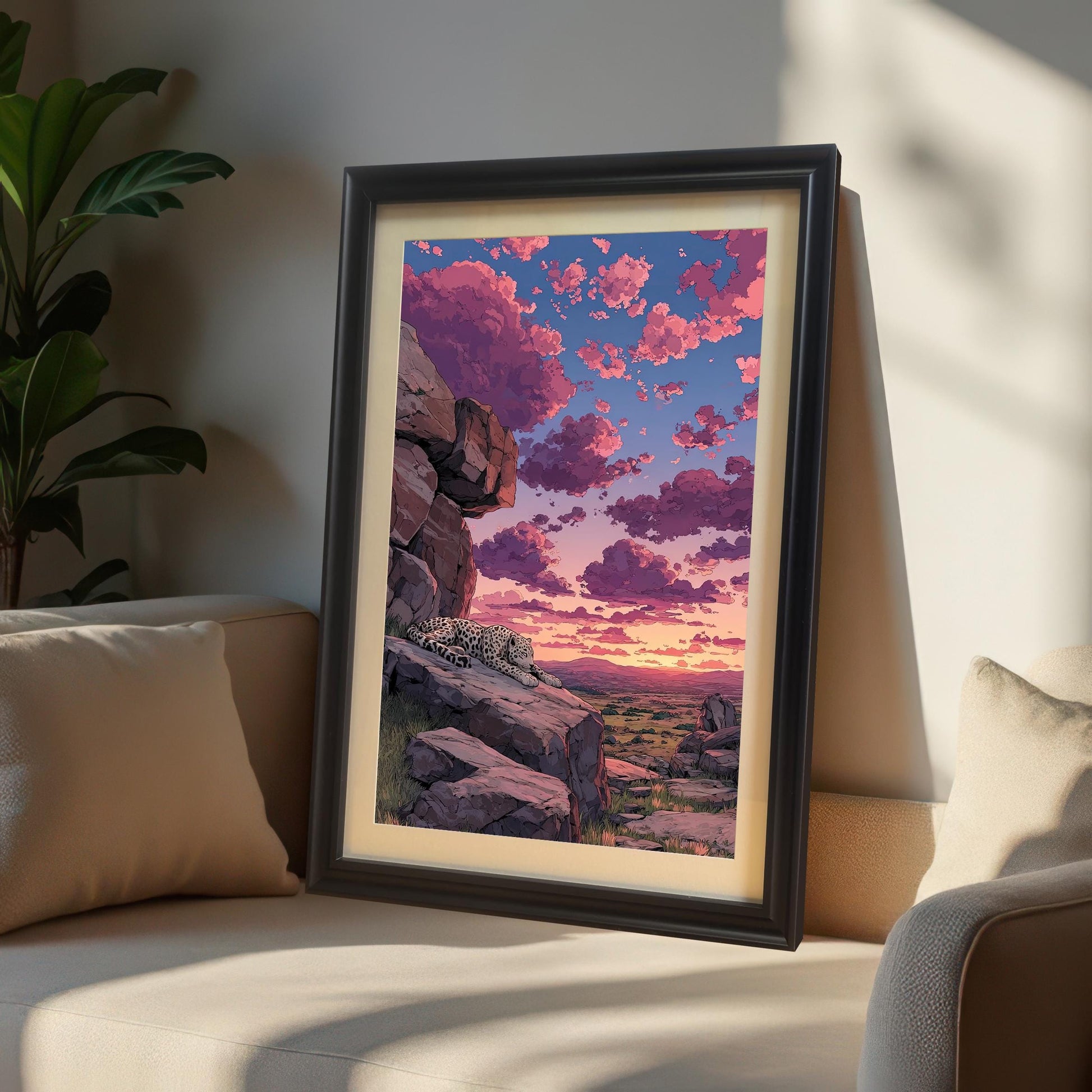 Framed print of a snow leopard sleeping on rocks at sunset under a sky of pink and purple clouds, leaning against a neutral couch.