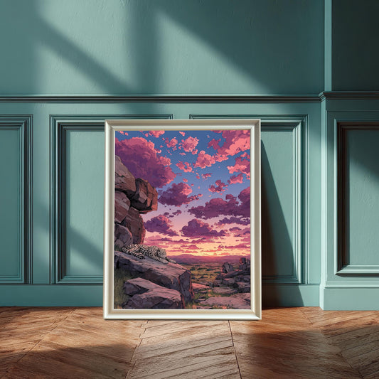 Framed print of a snow leopard on rocks at sunset with pink and purple clouds, resting on a wooden floor against a teal wainscot wall.