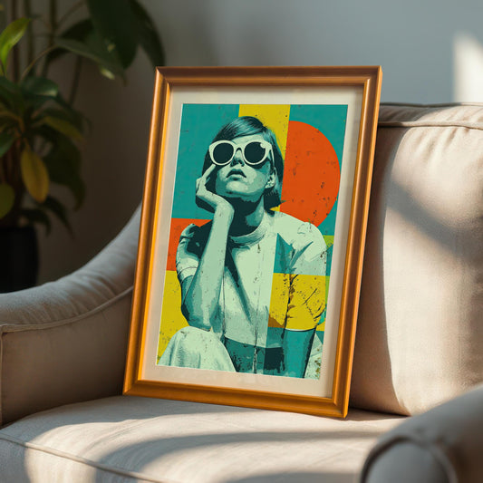 A framed print of a woman in sunglasses with a pop-art style design. The frame is a light orange wood color, and the print is propped on a beige armchair next to a potted plant.