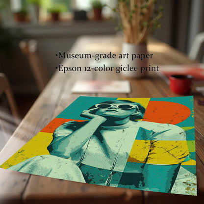 A close-up, angled shot of an unframed print of a pop-art style woman resting on a wooden table. Bullet points list the product features: "Museum-grade art paper" and "Epson 12-color giclee print."