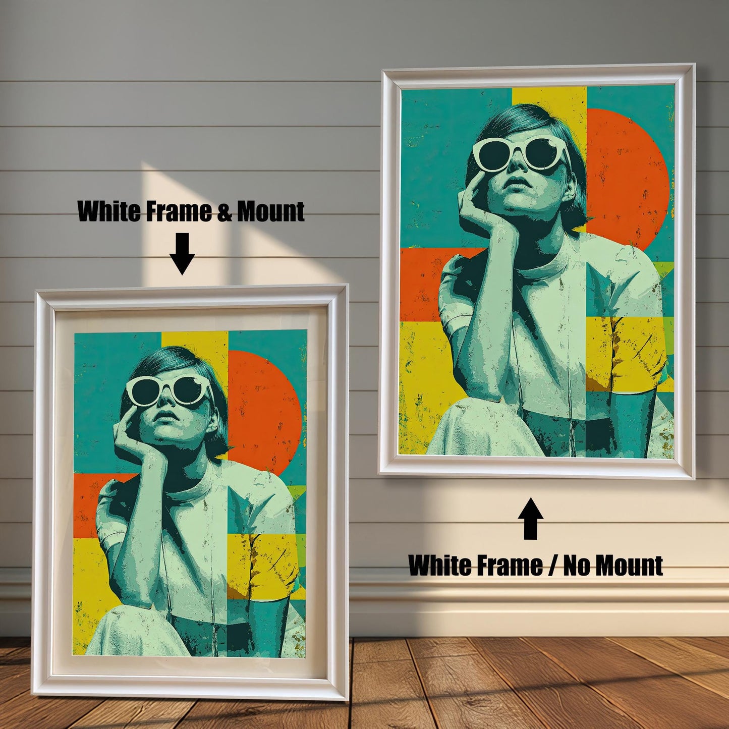 A side-by-side comparison of a framed print with a mount and without a mount. Both prints feature a pop-art style image and are in a white frame. Text labels the images "White Frame & Mount" and "White Frame / No Mount."