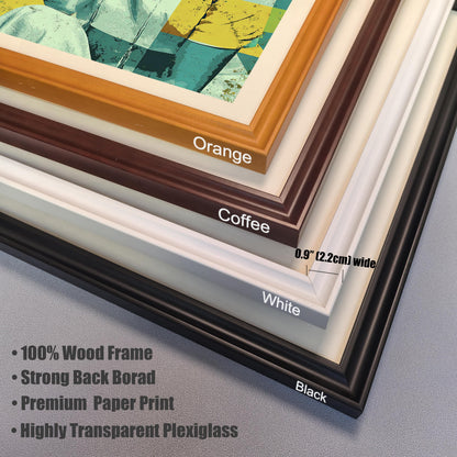A close-up, stacked view of the corner of four different picture frames: orange, coffee, white, and black. A ruler indicates the frame width is 0.9 inches. Bullet points list features of the frame materials.